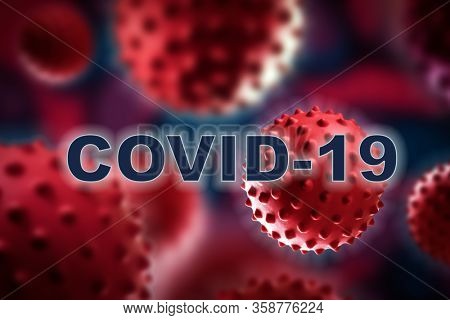 Collage of Flu COVID-19 virus cells in blood under the microscope. Coronavirus Covid-19 word background . Medical concept