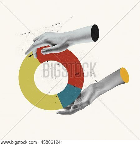 Contemporary Art Collage. Conceptual Image With Human Ahnds Holding Financial Graph, Business Analyt