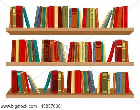 Bookshelf Library Interior Wall Colorful Flat Set. Read Design Bookcase Office Literature School Stu