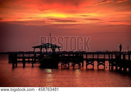 Silhouette Of A Pier In The Atlantic Ocean, Merritt Island, Brevard County, Florida, Usa