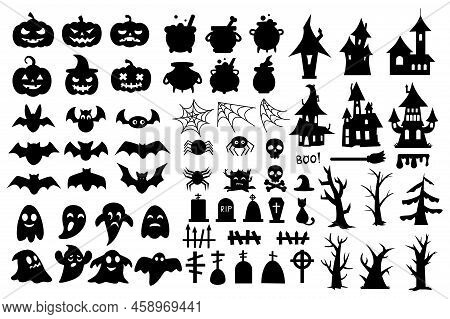 Halloween Icons. Black Silhouette Ghosts. Spooky Wizard Houses. Pumpkin And Bat. Witch Broom. Tombst