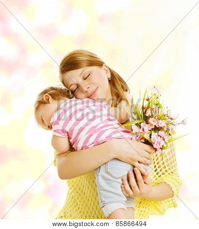 Baby Giving Gift to Mother, Family Portrait Flowers, Kid Embracing Mom