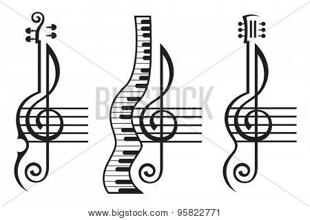 monochrome illustration of violin, guitar, piano and treble clef
