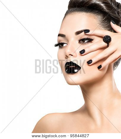 Beauty Fashion Model Girl with Black Make up, Long Lushes. Fashion Trendy Caviar Black Manicure. Nail Art. Dark Lipstick and Nail Polish. Isolated on white background