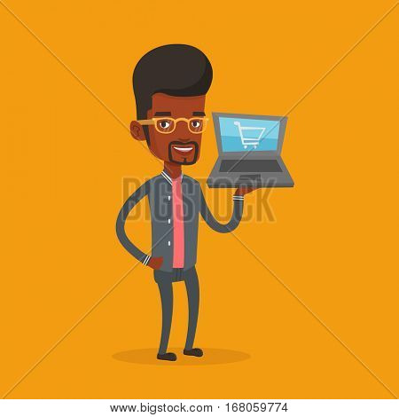 Young african-american man using laptop for shopping online. Happy customer holding laptop with shopping trolley on a screen. Man doing online shopping. Vector flat design illustration. Square layout.