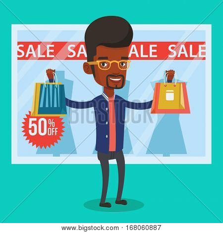 Man with shopping bags standing in front of clothes shop display window and sale sign. Man with shopping bags in front of window display with text sale. Vector flat design illustration. Square layout.