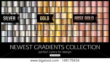 Set of rose gold, silver gradients. Shiny gold texture, vector illustration.