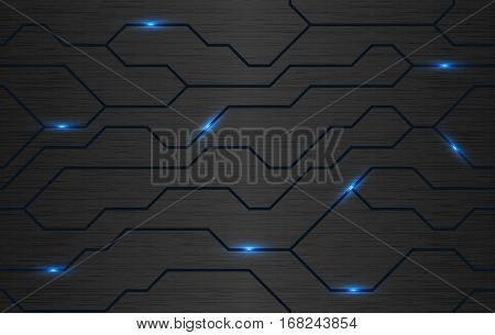 Seamless vector futuristic dark iron techno texture. Blue abstract electron energy line on brushed black metal background. Power vein light tech pattern