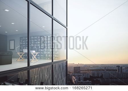 Contemporary glass building exterior and see through office interior on modern downtown city background. 3D Rendering