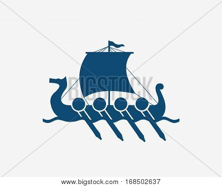 Viking's Ship in Nordic Sea. Wooden Warships of Scandinavian Ancient Warriors. Vector Illustration of boat .