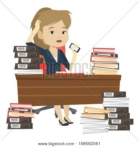 Stressed office worker. Overworked businesswoman feeling stress from work. Stressful employee sitting at workplace. Stress at work concept. Vector flat design illustration isolated on white background