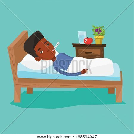 African-american sick man with fever laying in bed. Sick man measuring temperature with thermometer in mouth. Sick man suffering from cold or flu virus. Vector flat design illustration. Square layout.