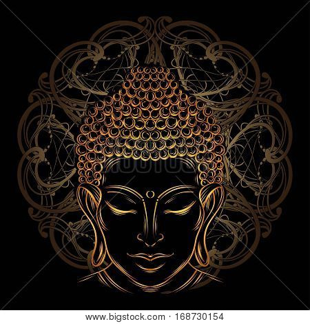 Buddha head - elegant vector illustration. The symbol of Hinduism Buddhism spirituality and enlightenment. Tattoo illustration printing on fabric