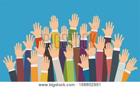 Raised up hands. Volunteering charity, concept of education,  business training.