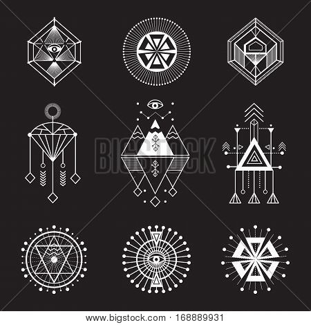 Vector set of sacred geometry. Geometric icons, shapes and logos. Collection of symbols ethnic, religion, alchemy, philosophy, spiritual, folk, Indian Hipster decorative elements Isolated signs