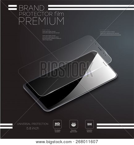 Screen Protector Glass. Vector Illustration Of Transparent Tempered Glass Shield For Mobile Phone.