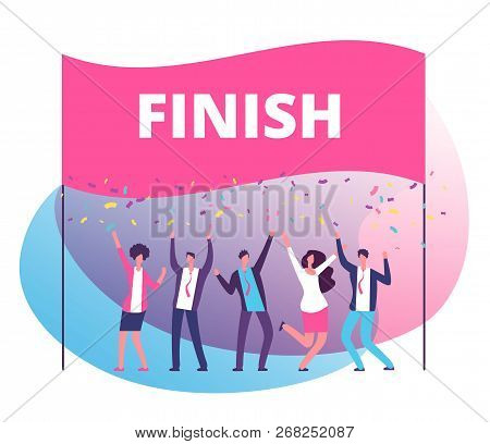 Success Reach Goal Concept. Business Persons Celebrating Victory At Finish Line. Compete In Business