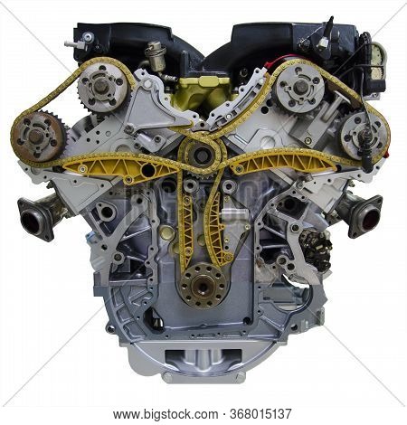 Modern Eight-cylinder V8 Car Engine Isolated On White Background. Internal Combustion.