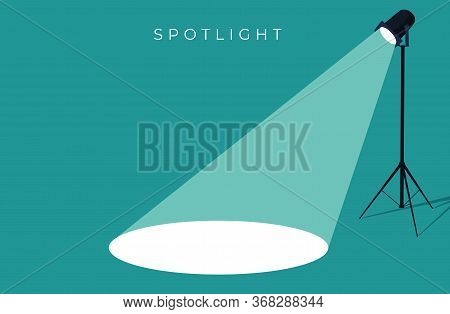 Spotlight Shining Flat Illustration. Movie Spotlight On Blue Background