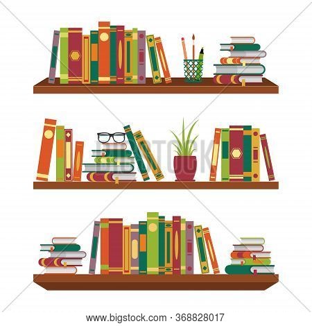 Flat Book On Bookshelves. Pile Books On Shelf With Stationery And Glasses For School Room. Stack Dic