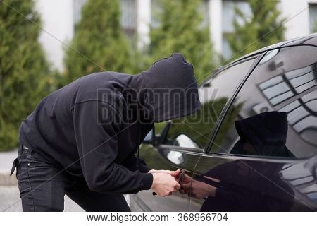 Car Thief Steal Car Breaking Door Criminal Job Burglar Hijacks Auto Thief Black Balaclava Hoodie Try