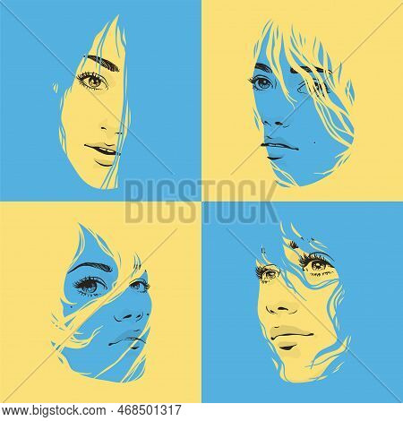 Ukrainian Woman Face. Abstract Yellow Blue Patriotic Female Portraits