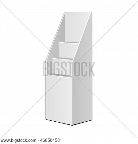 Cardboard Retail Shelves Floor Display Rack For Supermarket Blank Empty. Mock Up. 3d On White Backgr