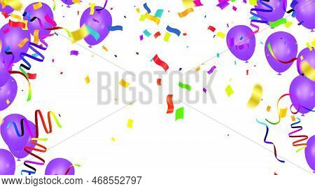 Colorful Birthday Balloons And Confetti On Sky Background, Illustration Vector Background With Place