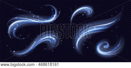 Cold Winter Light Effect, Swirl Bright Twinkle Line. Wind Vortex Blow With Snowflakes, Blue Blizzard