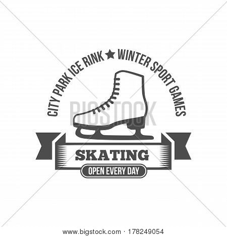 Ice Skate label logotype design. Ice skating boot, speed scating, figure skating. Vintage winter sportsd logo design. Monochrome badge.