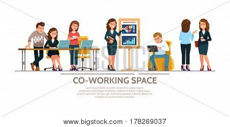 Vector illustration young adult group people meeting working and talking co working center. Team teamwork togetherness collaboration