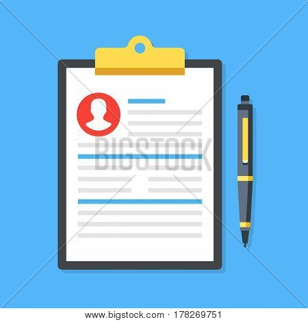 Clipboard with man silhouette icon and pen. Curriculum vitae, job application form with profile photo concept. Premium quality. Top view. Modern flat design graphic elements. Vector illustration