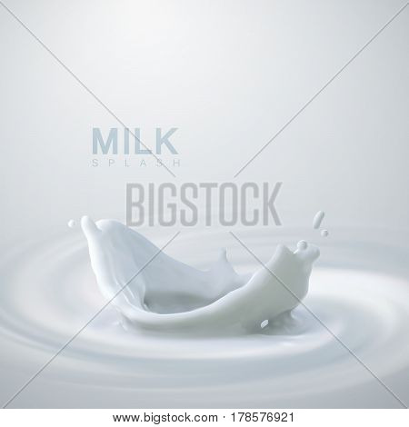 Pouring milk crown splash on swirling whirlpool creamy background. Vector 3d illustration for food dairy product or cosmetics ad poster