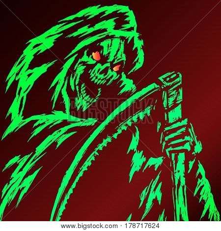 Green Death with a Scythe. Red Background. Web Icon. Isolated Flat Vector Illustration. Spooky Apocalypse Demon. Spirit Rock Skull. Ghost Skeleton.