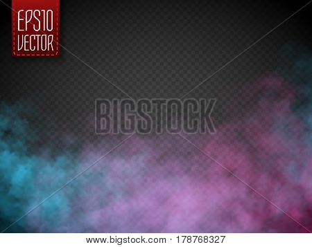 Colorful fog or smoke isolated, transparent special effect. Bright vector cloudiness, mist or smog background. Vector illustration