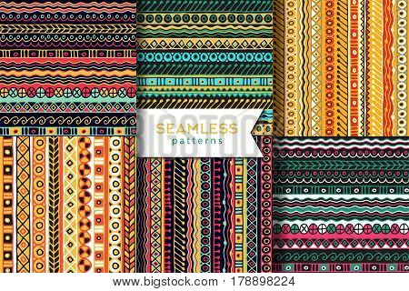 Seamless vector tribal texture. Tribal seamless texture. Vintage ethnic seamless backdrop. Boho stripes. Striped vintage boho fashion style pattern background with tribal shape elements.