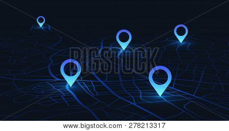 Gps Tracking Map. Track Navigation Pins On Street Maps, Navigate Mapping Technology And Locate Posit