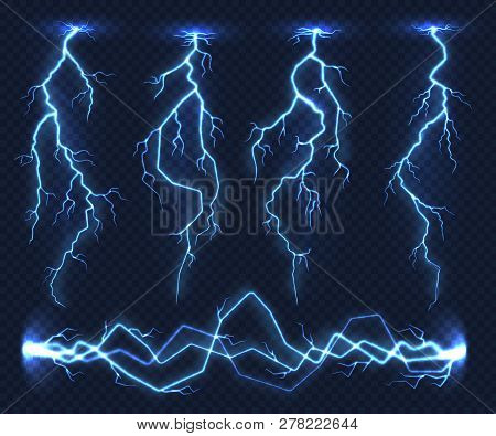 Realistic Lightnings. Electricity Thunder Light Storm Flash Thunderstorm In Cloud. Nature Power Ener