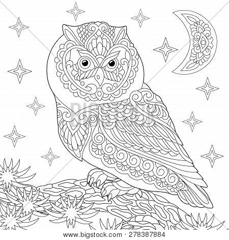 Coloring Page. Coloring Book. Anti Stress Colouring Picture With Owl. Freehand Sketch Drawing With D