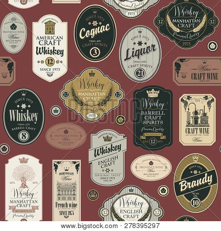 Vector Seamless Pattern With Collage Of Labels For Various Alcoholic Beverages On A Burgundy Backgro