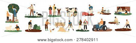 Set Of Farmers Or Agricultural Workers Planting Crops, Gathering Harvest, Collecting Apples, Feeding