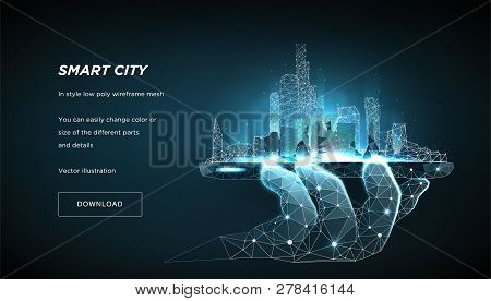 Smart City Low Poly Wireframe On Blue Background. City Future Abstract Or Metropolis.  Concept Manag