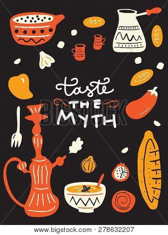 Funny Doodle Menu Template With Illustration Of Traditional Middle Eastern Food. And Ahnd Written Ph