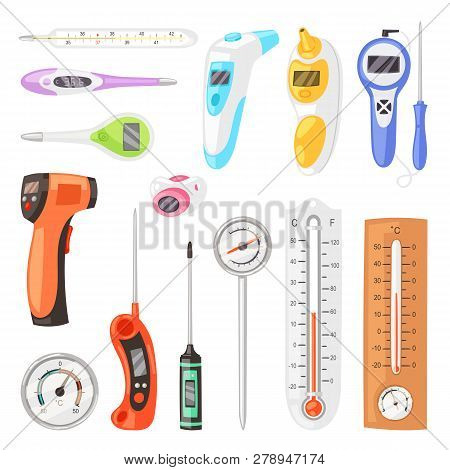 Thermometer Vector Tempering Measurement Celsius Fahrenheit Scale Cold Hot Weather Illustration Set 