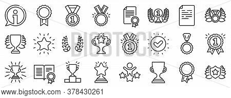 Set Of Winner Medal, Victory Cup And Laurel Wreath Award Icons. Award Line Icons. Reward, Certificat