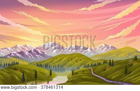 Landscape Nature Background With Mountains, Clear Sky And Clouds, The River Flows Along The Winding 