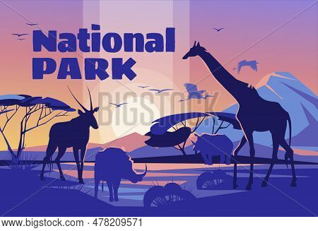 African Savanna Sunrise Landscape With Wild Animal Silhouettes. National Wildlife Park. Tourism And 