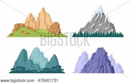 Cartoon Mountains. Rocky Range, Hill Tops And Mountain Snowy Peak, Outdoor Hiking, Nature Landscape 