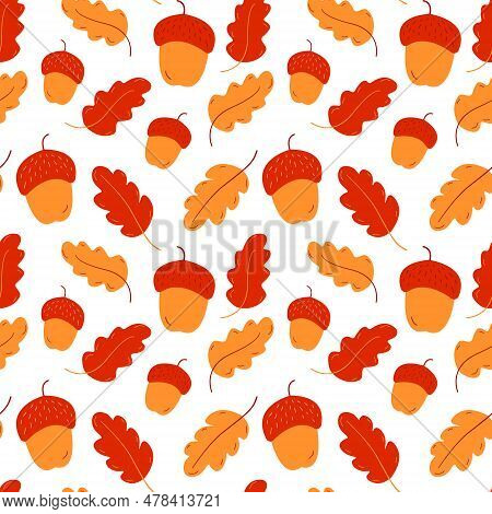 Vector Seamless Pattern Of Autumn Acorns And Oak Leaves. Background For Textile Or Book Covers, Wall