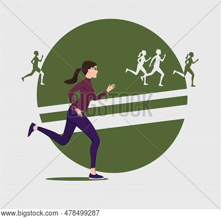 The Athlete Runs The Distance In A Tracksuit, In The Background There Are Silhouettes Of Runners Aga